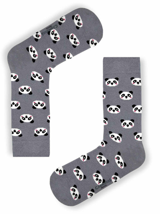 Grey socks with panda design, cute and cozy animal-themed socks.