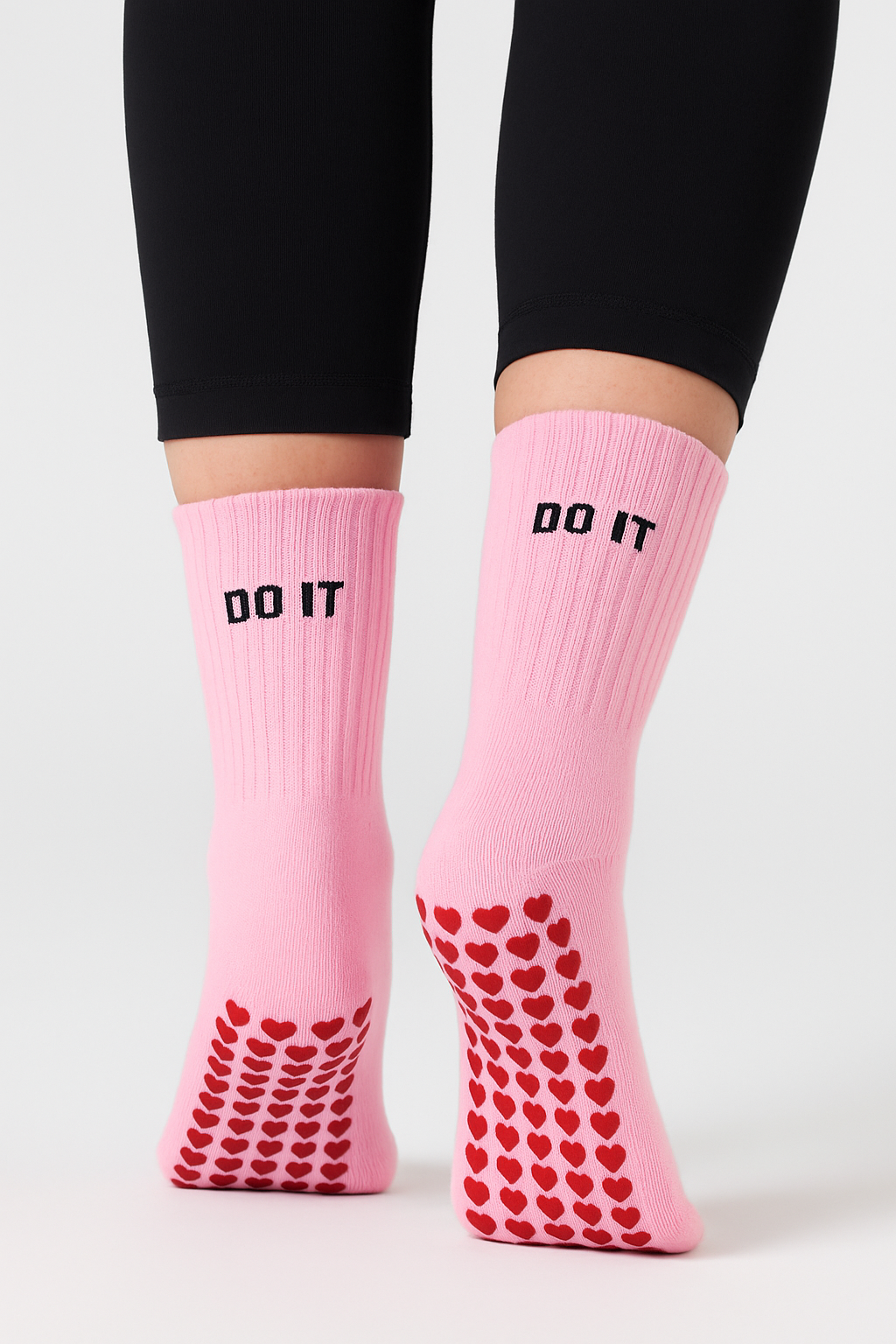 Anti-Slip Pilates & Yoga Crew Socks with Red Heart Silicone Grip – Pink (Unisex)