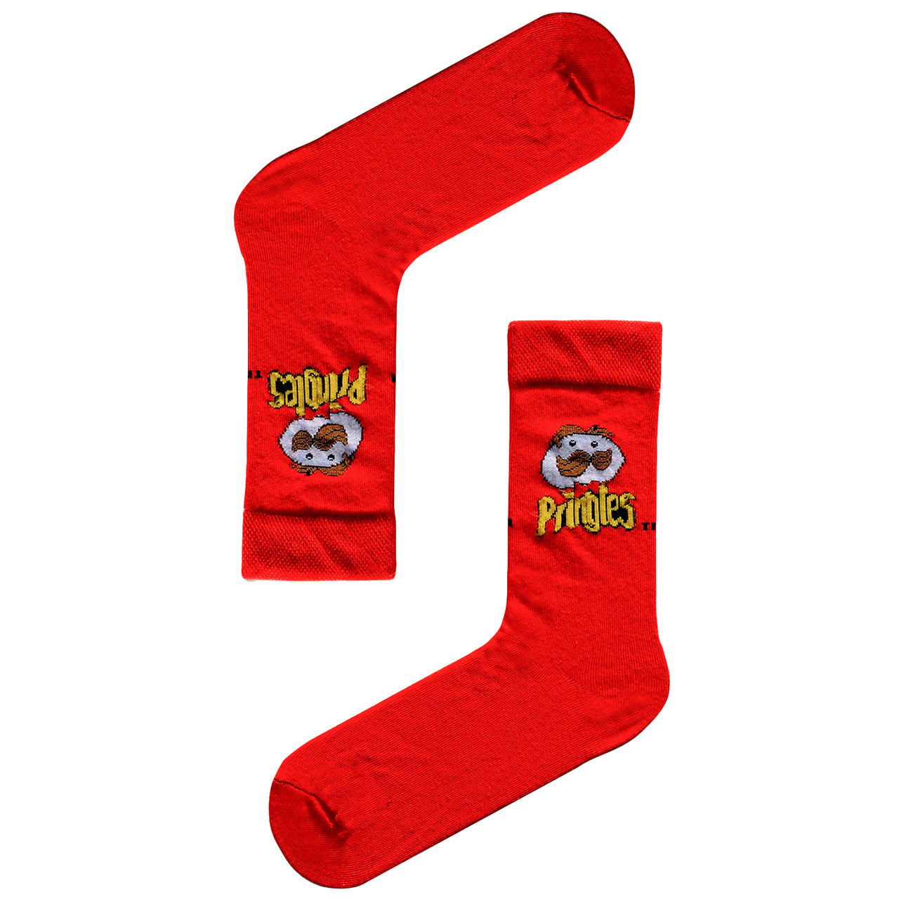 Red socks with Pringles logo, fun snack-themed socks for chip lovers.