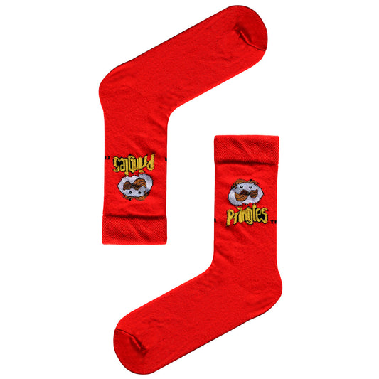 Red socks with Pringles logo, fun snack-themed socks for chip lovers.