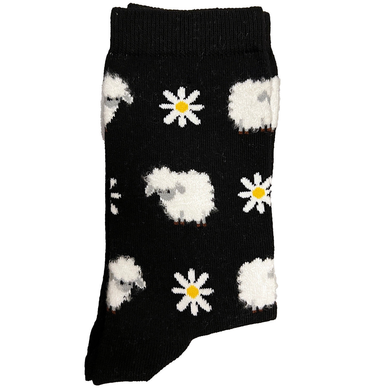 Black socks featuring a cute sheep and flower pattern, cozy and stylish.