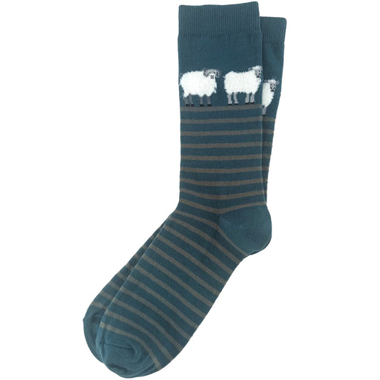 Green and white striped socks with sheep design – cute and cozy animal-themed socks.