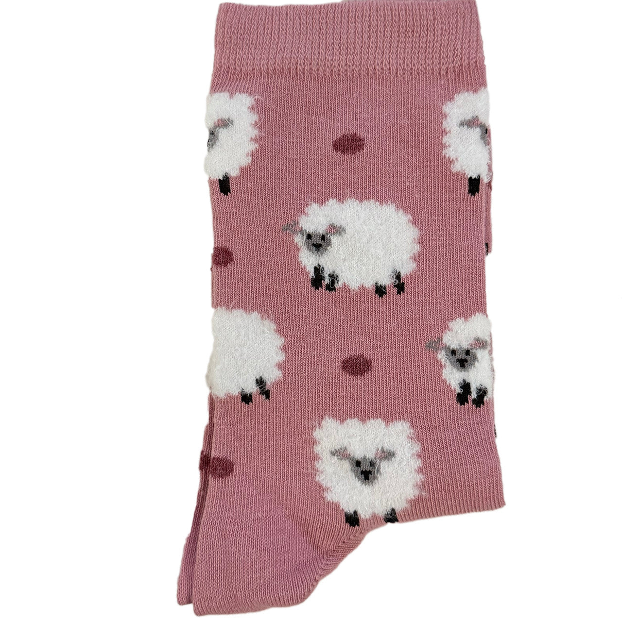 Pink women’s socks featuring cute sheep and dotted patterns in a whimsical design.