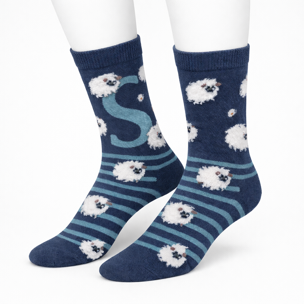 Navy Fuzzy Sheep Socks with S Detail (Women’s)
