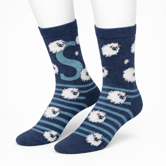 Navy Fuzzy Sheep Socks with S Detail (Women’s)