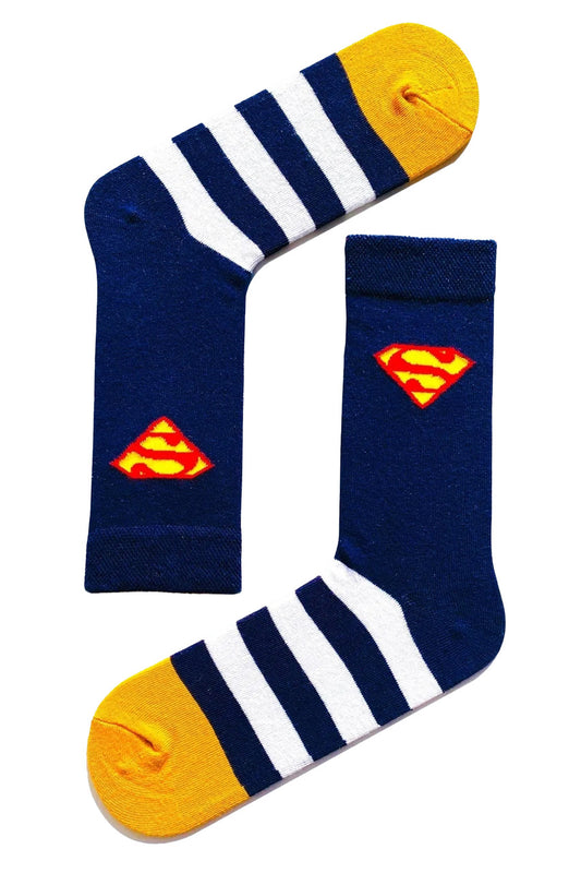 Superman logo socks featuring the iconic “S” emblem, superhero-themed design