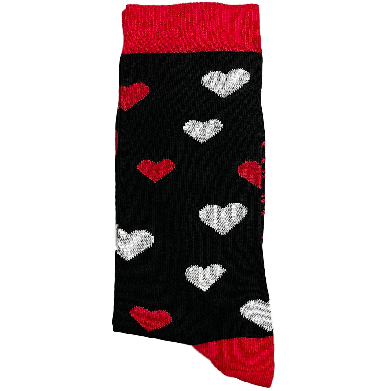 Unisex black socks with white and red hearts, perfect for Valentine’s Day or romantic occasions.