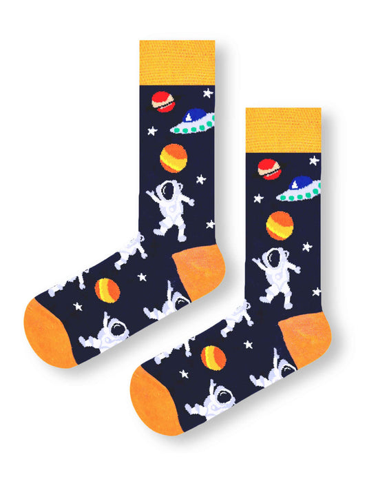 Astronaut socks with space-themed design featuring planets and stars, perfect for space lovers.